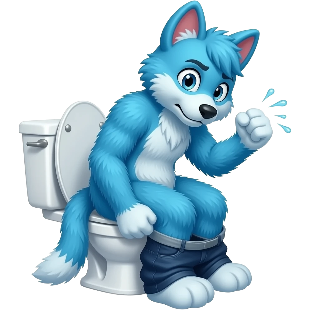 blue fursuit sitting on toilet, side view , pants down, pushing, straining face,  uncomfortable, both fists, sweating emoji