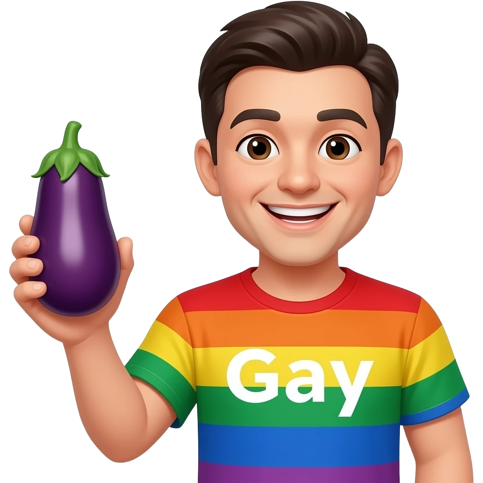 Smiling face  with eggplant in hand with a rainbow shirt that says gay emoji