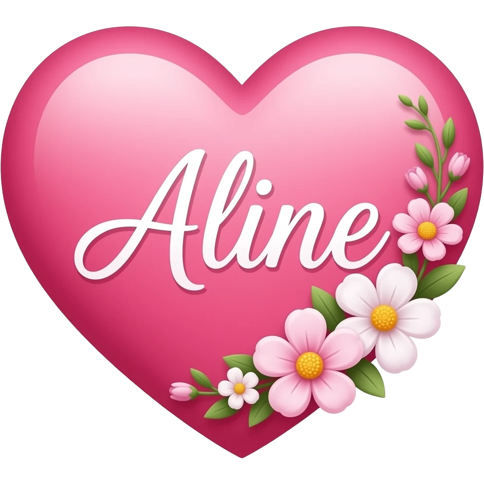 Coração cor pink com flores no meio o nome Aline letra linda emoji