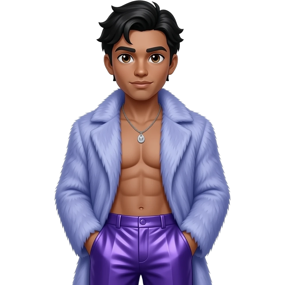 Gale Harold with dark brown eyes, black hair, periwinkle fur coat, periwinkle metallic baggy pants, shirtless with necklace emoji