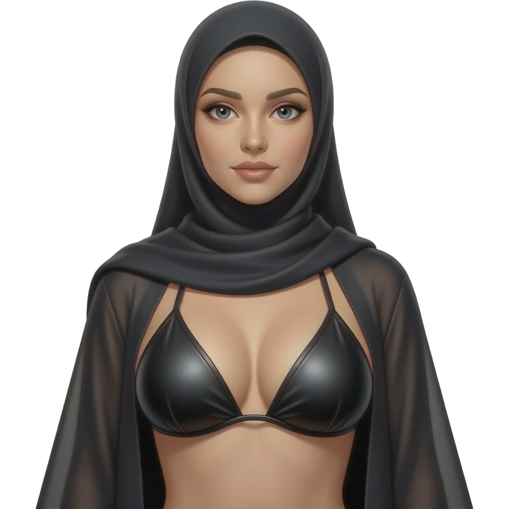 یک زن مسلمان با سینه های بزرگ و برجسته و چاک سینه عمیق و کون بزرگ و برجسته و بوت پاشنه بلند ساق بلند چرمی مشکی براق و بیکینی چرمی تنگ براق مینی میخ دار emoji