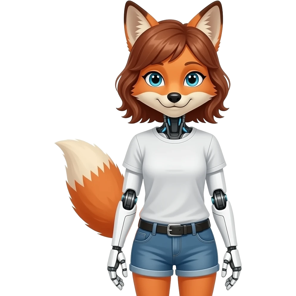 A humanoid robot female fox wearing a tee shirt and shorts emoji
