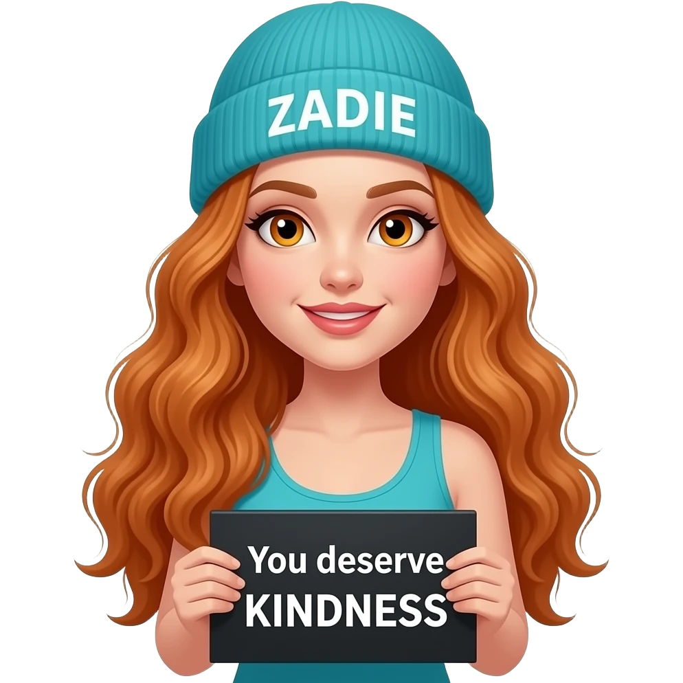 sexy girl with overlong wavy ginger hair and ginger eyes wearing a turquoise tanktop and a turquoise beanie with ZADIE written on it, is holding a black sign with You deserve KINDNESS written on it emoji