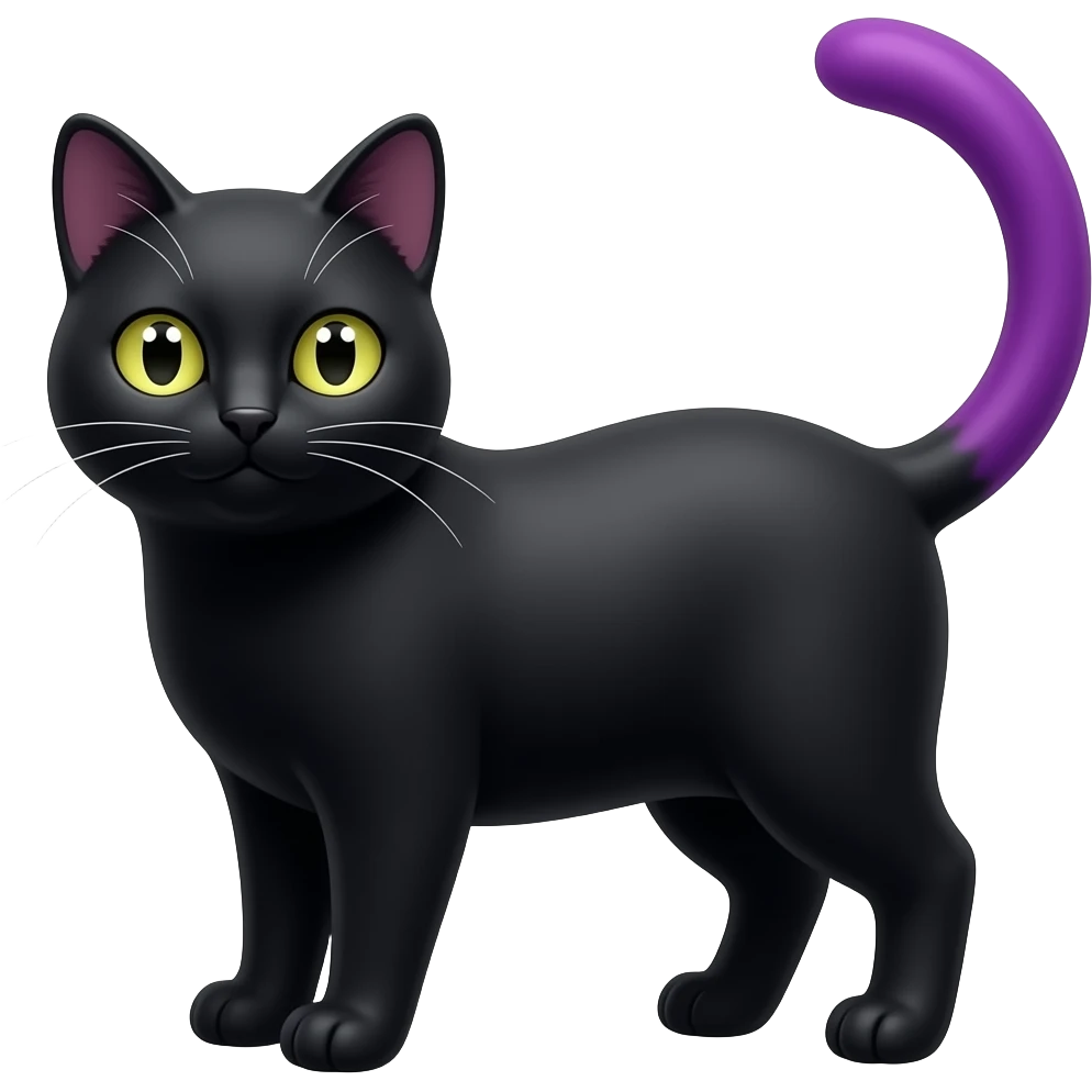 Funny black cat with tiny eyes and a purple tail, simple doodle style, clean pen line art, bold black outline, flat colors, cute, minimalist, white background. emoji