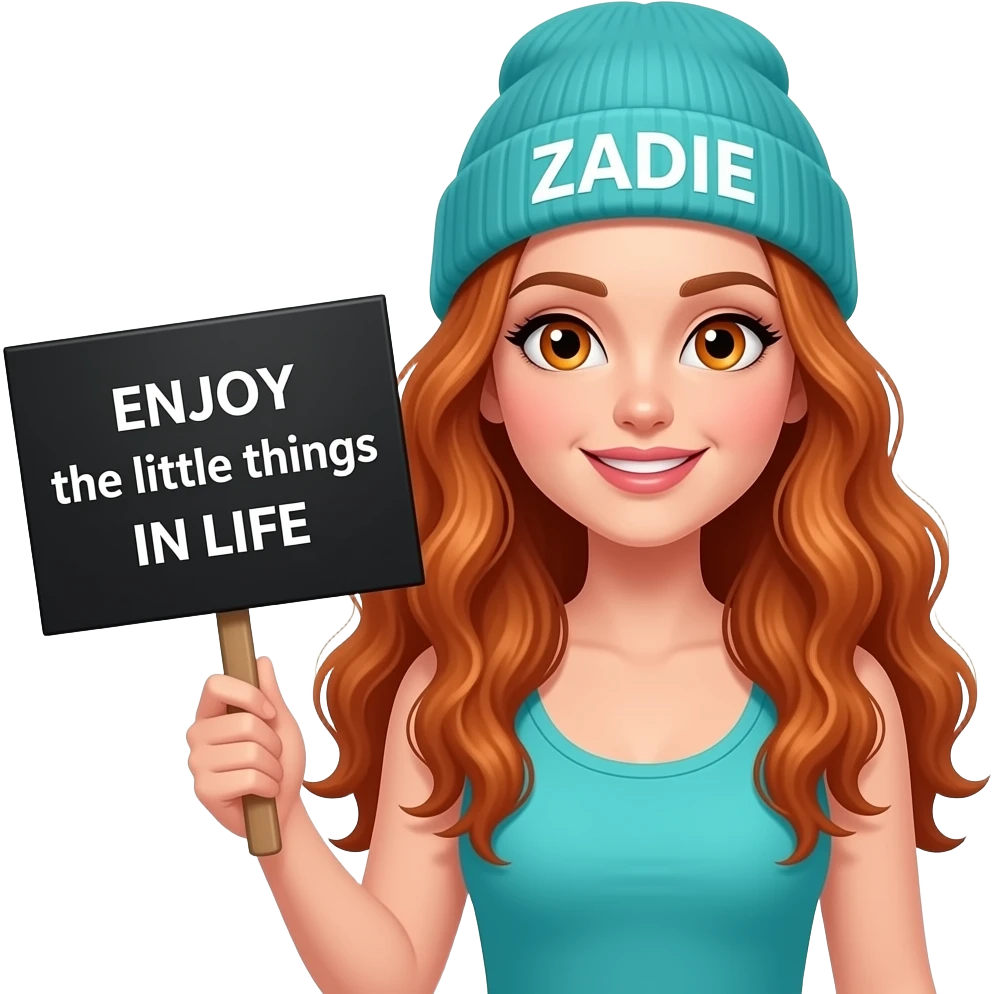 sexy girl with overlong wavy ginger hair and ginger eyes wearing a turquoise tanktop and a turquoise beanie with ZADIE written on it, is holding a black sign with ENJOY the little things IN LIFE written on it emoji