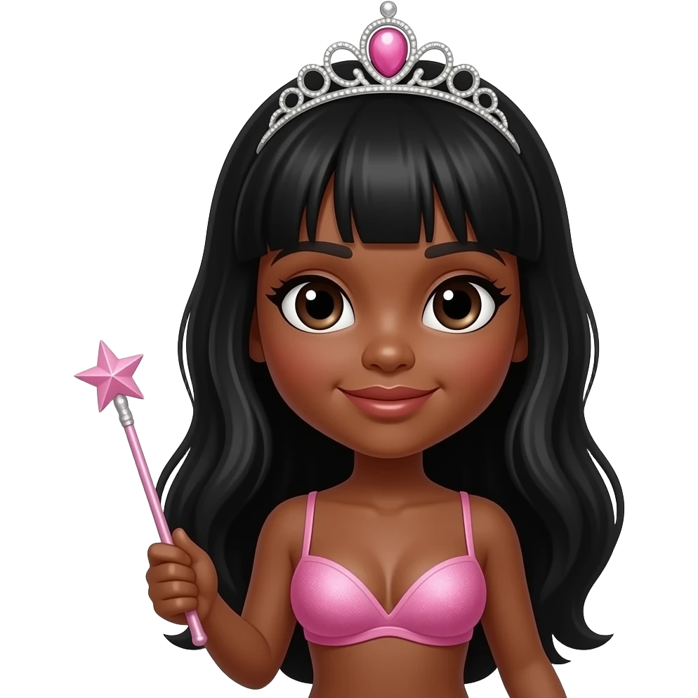 Dark skin girl, middle part black hair, m cup breast, with no bra, pink tiara holding a wand, doll eyes, doll face shaped emoji