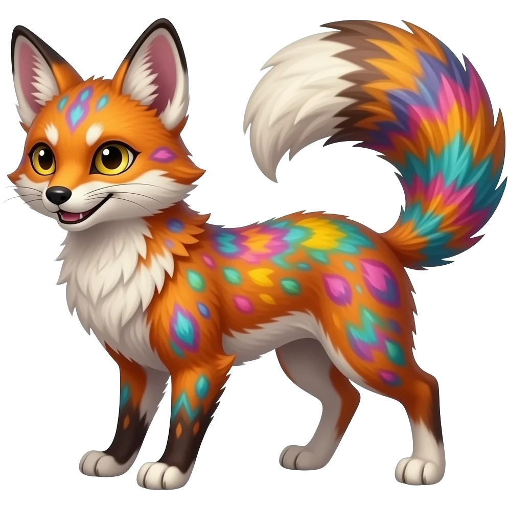 Feral Rare Fantasy vibrant colorful tropical Vernid-Trico-species by LiLaiRa, random markings, tufted tail, tufted ears, full body emoji