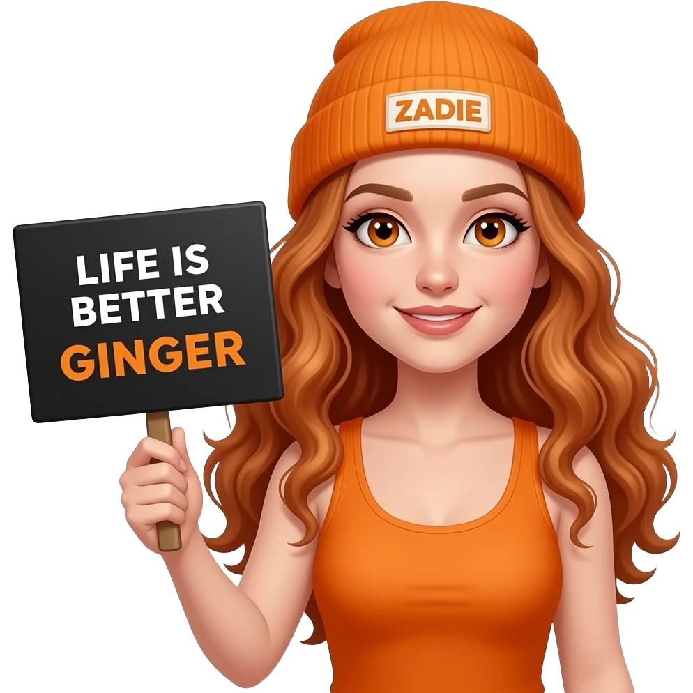 sexy girl with overlong wavy ginger hair and ginger eyes wearing a orange tanktop and a orange beanie with ZADIE written on it, is holding a black sign with LIFE IS BETTER with a GINGER written on it emoji