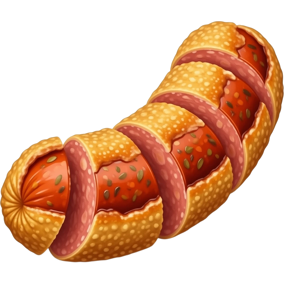 Spicy chicken chorizo, juicy chicken sausage, rich red color, slightly crispy golden exterior, visible spices like chili flakes and paprika, appetizing food emoji style, minimal clean illustration, soft lighting, centered composition, high detail, vibrant but simple design emoji