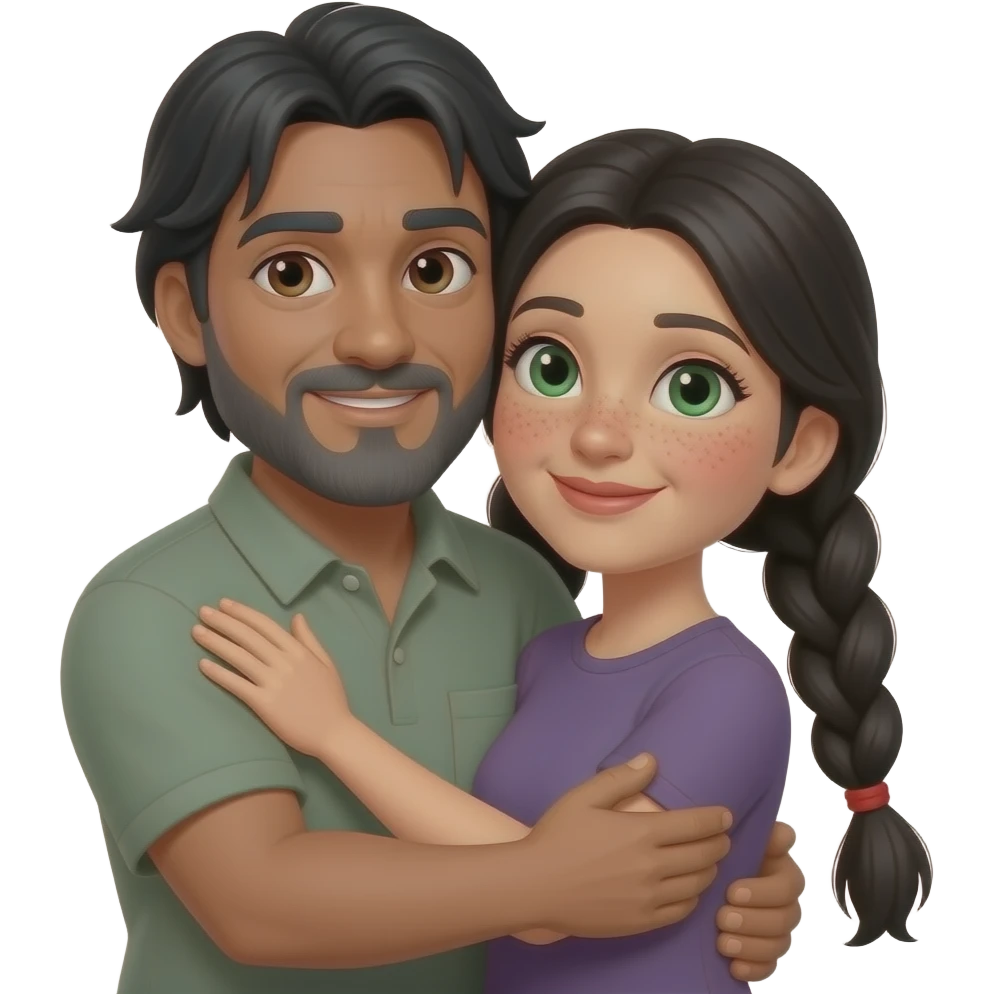 Black haired middle aged guy with floppy straight bangs parted on one side, brown eyes olive skin and gray beard hugging a black hair middle age woman with long pigtails, red cheeks, freckles and  green eyes emoji