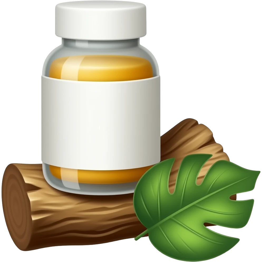 full medicine bottle with tree bark and leaves nearby emoji