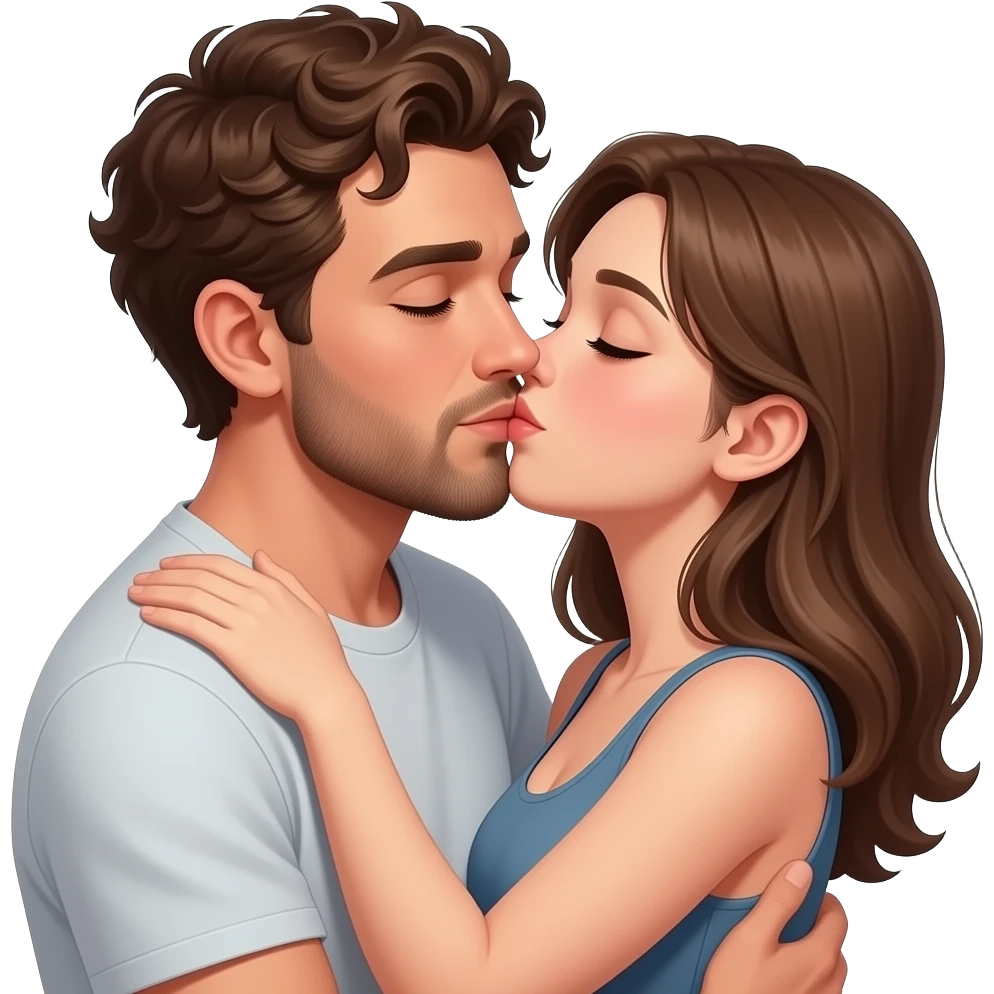Realistic white man super short curly brown hair with beard kissing passionately and hugging realistic white girl brown hair emoji