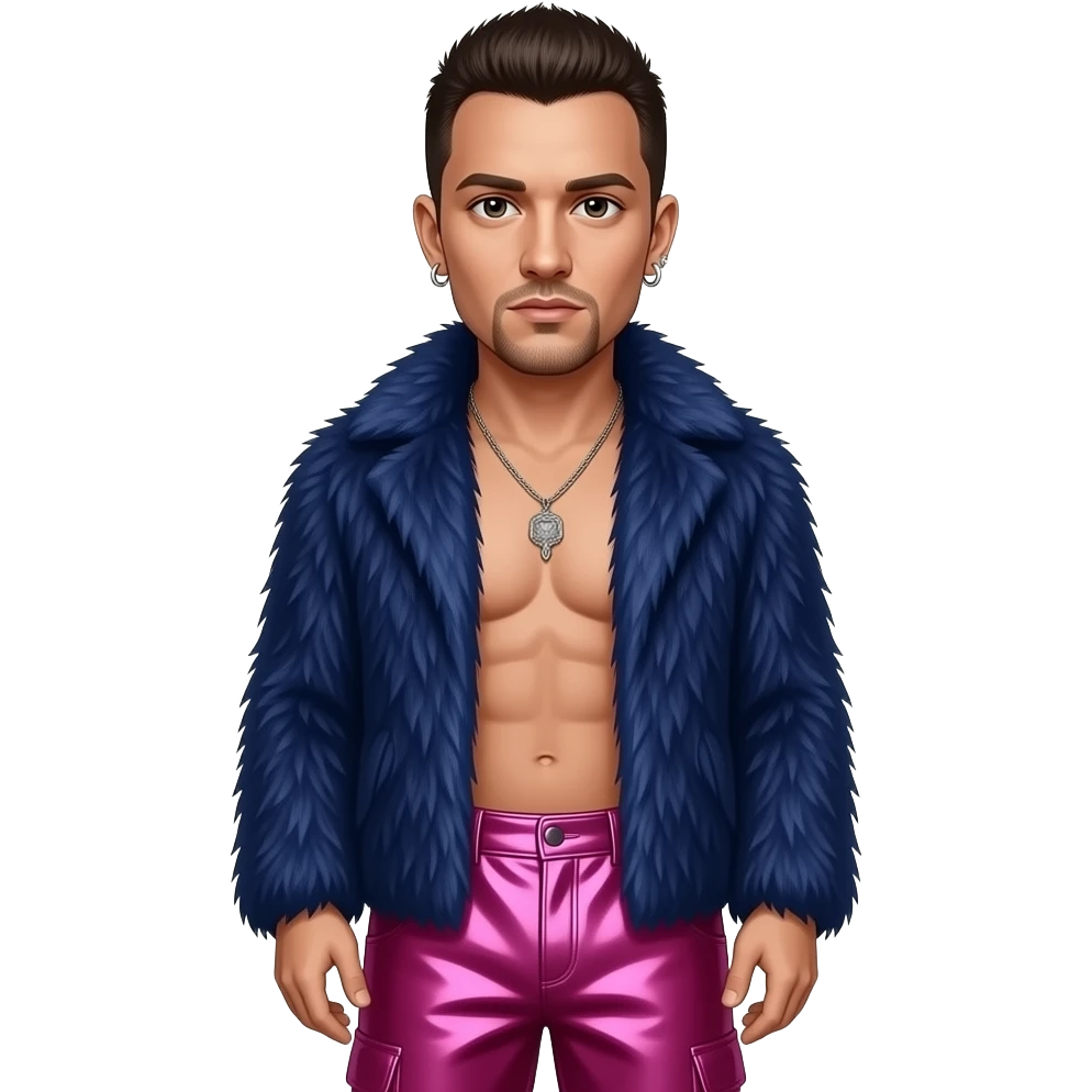 Chester Bennington with brown eyes, dark brown hair, navy blue fur shawl, hot pink metallic baggy loose pants, shirtless with necklace and earrings emoji