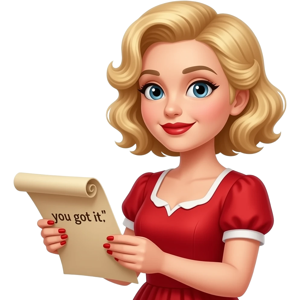 Short curly blond hair side swept Holding an open scroll saying you got it with red nail polish, brown lipstick and red vintage dress emoji