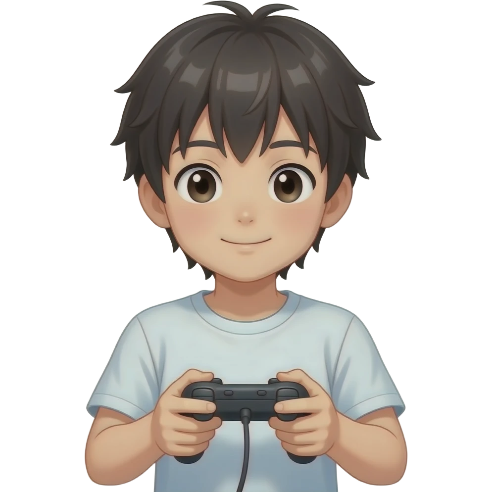 Personnage de manga de 10 ans jouant aux jeux vidéo avec une manette dans les mains emoji