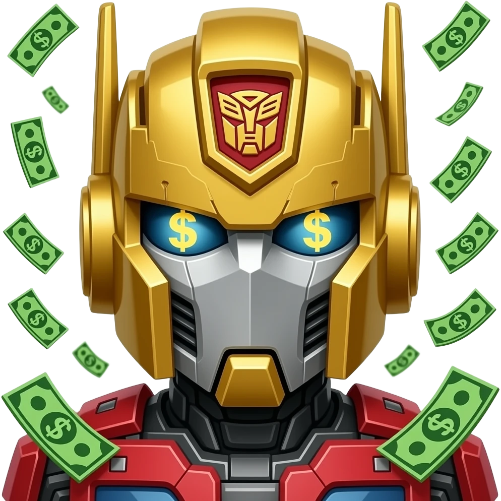 Optimus Prime on Cybertron, dollar signs in his eyes, gold and cash dollars green floating around, hyper-detailed, 8k. emoji