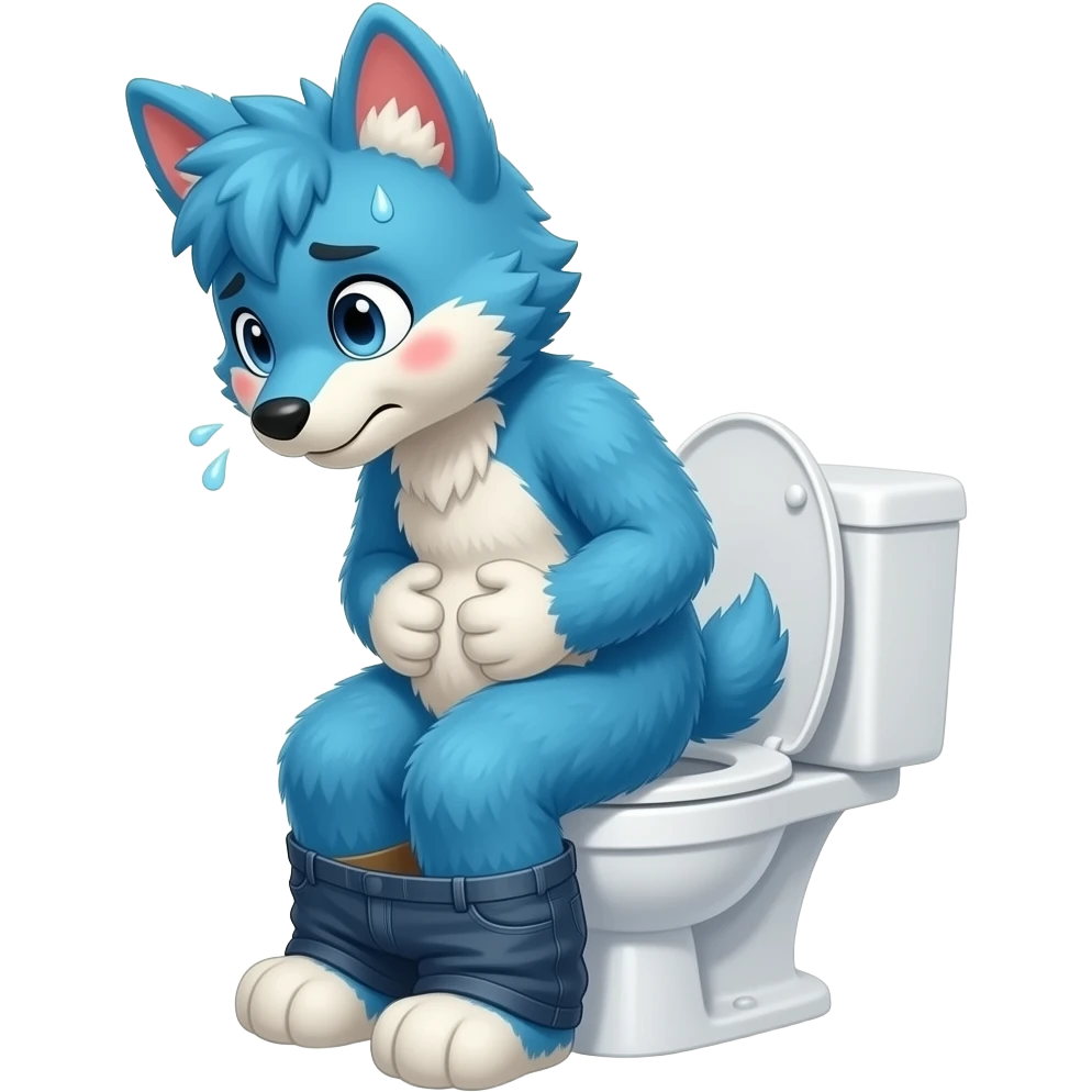 blue fursuit sitting on toilet, pants down, side view , hands on stomach, uncomfortable, squeezing, straining, sweating, red cheeks emoji
