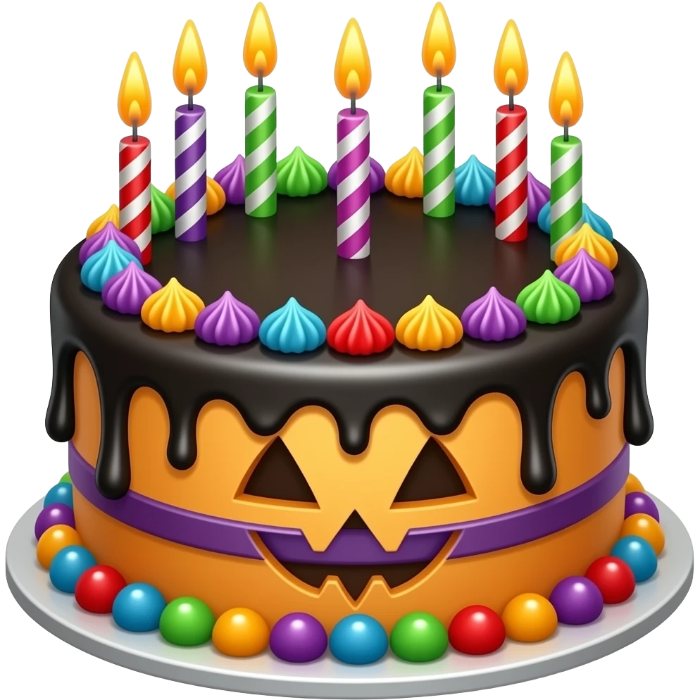 Halloween birthday cake, with black orange, green, red, and purple emoji