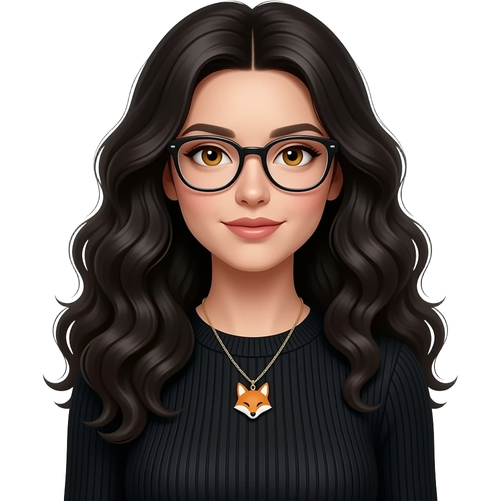 Realisting woman sexy posing elegant black sweater dress with a fox charm necklace model ai wearing glasses with honey colored eyes, Italian  and long curly black hair emoji