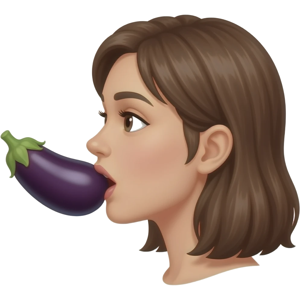 Side view of a woman sucking on an eggplant emoji