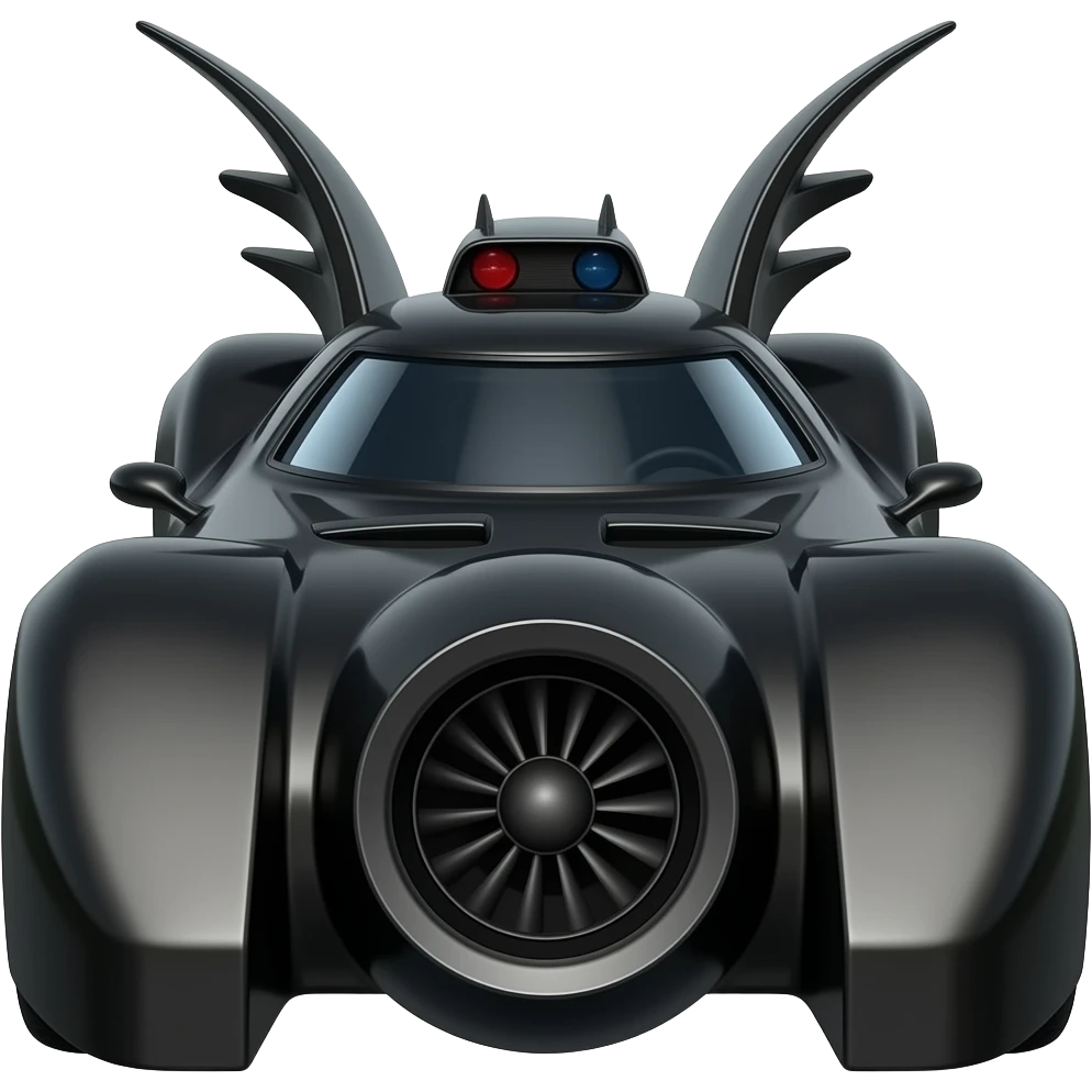 1989 black glossy batmobile front turbine, highly detailed hyper realistic emoji