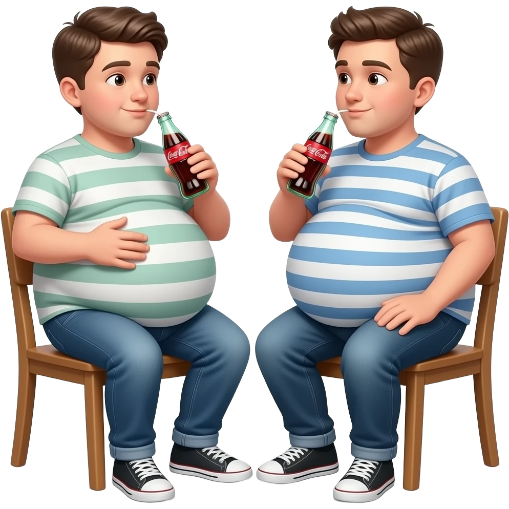 Oba chłopaki z bardzo ogromnymi brzuchami mają 14 lat ich brzuchy mają kształt jak super ogromna kula siedzą na krześle i rozmawiają piją coca-cola emoji