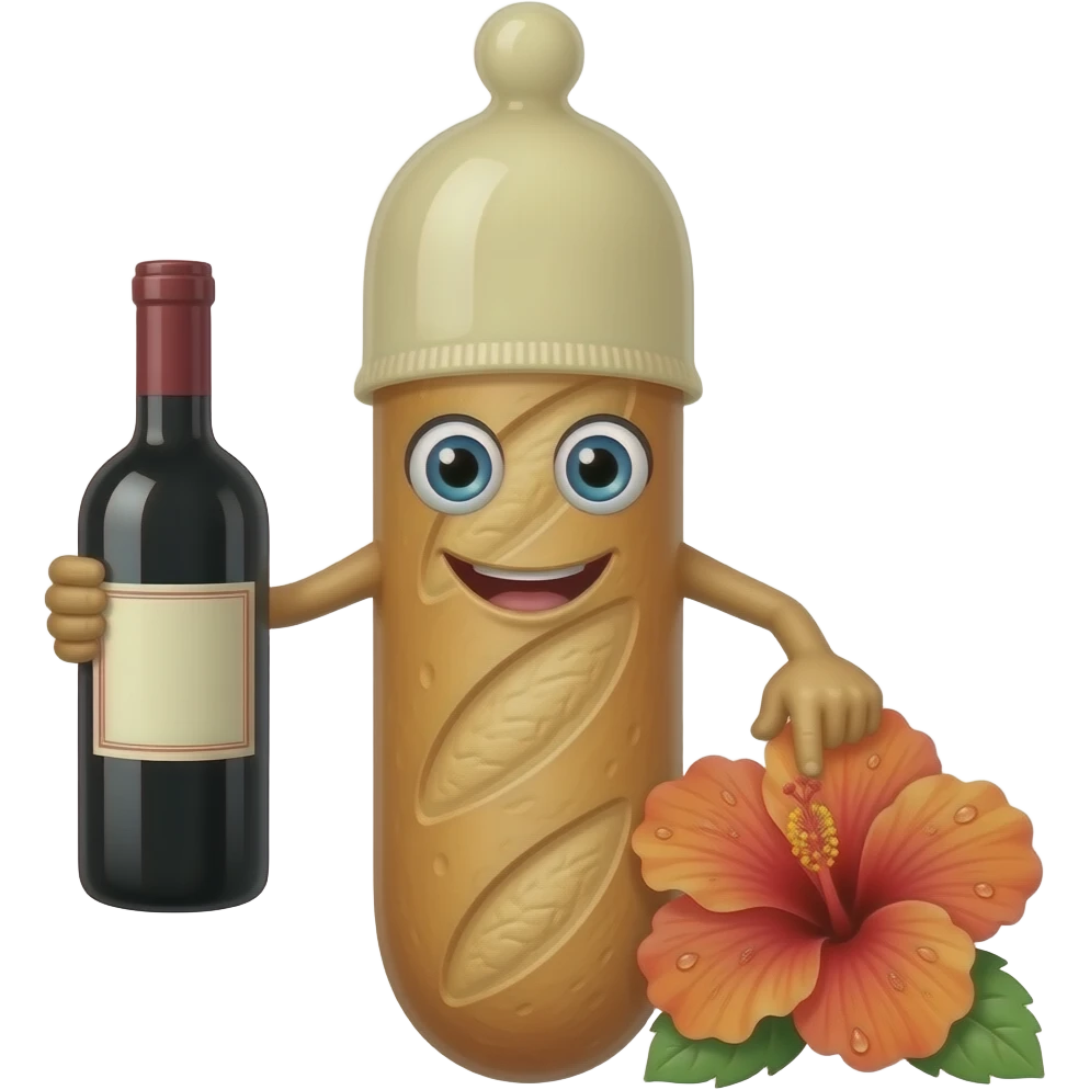 Longue Baguette avec une bouche, des yeux et des bras. Elle a un preservatif sur le haut de la tete et une bouteille de vin dans la main. L'autre main a deux doigts tendus et collés touchant le centre d'un hibiscus qui a des gouttes d'eau autour emoji