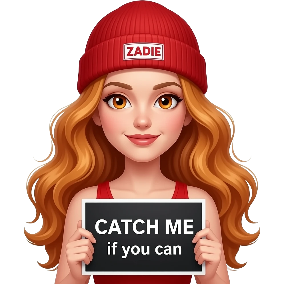 sexy girl with overlong wavy ginger hair and ginger eyes wearing a red tanktop and a red beanie with ZADIE written on it, is holding a black sign with CATCH ME if you can written on it emoji