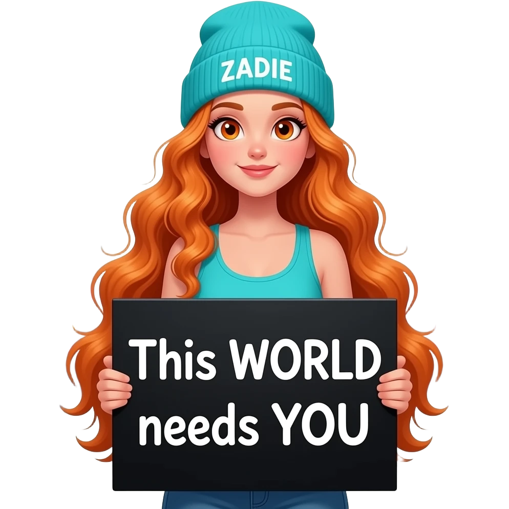 sexy girl with overlong wavy ginger hair and ginger eyes wearing a turquoise tanktop and a turquoise beanie with ZADIE written on it, is holding a black sign with This WORLD needs YOU written on it emoji