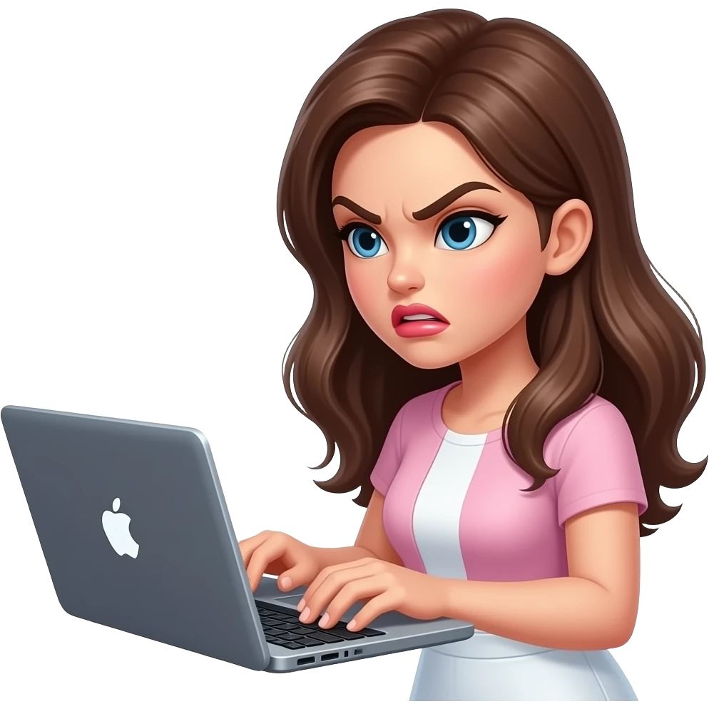 “beautiful girl with glossy lips typing angrily on laptop, emoji emoji