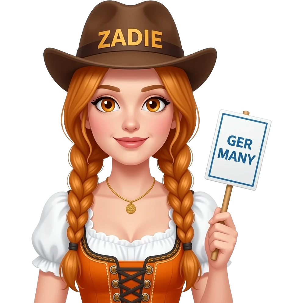 sexy girl with overlong ginger braids and ginger eyes wearing a orange dirndl and a bavarian hat with ZADIE written on it, is holding a sign with GERMANY written on it emoji