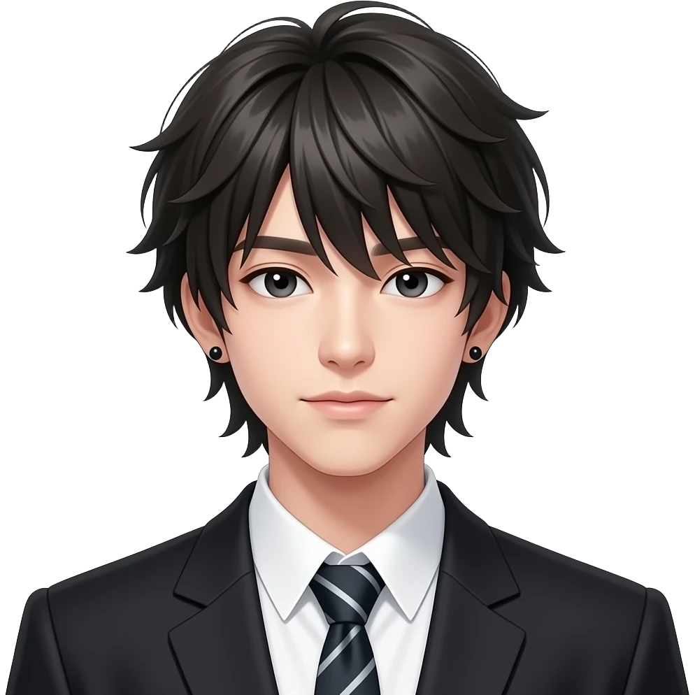日本高中生帅哥，龙须背头，黑色校服，黑色耳环 emoji