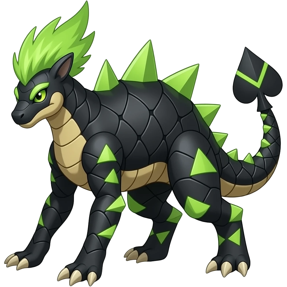 Cool edgy ancient black-scaled with neon-green triangular stripe markings digitigrade vintage futuristic raptorik fantasy-Cyberpunk-Steampunk-Solarpunk-Genesect-Salamence-Tyranitar-Vernid-Fionbri-Fakémon-animal-hybrid, with neon-green feather-Mohawk, and a tail spade, back spikes, full body emoji