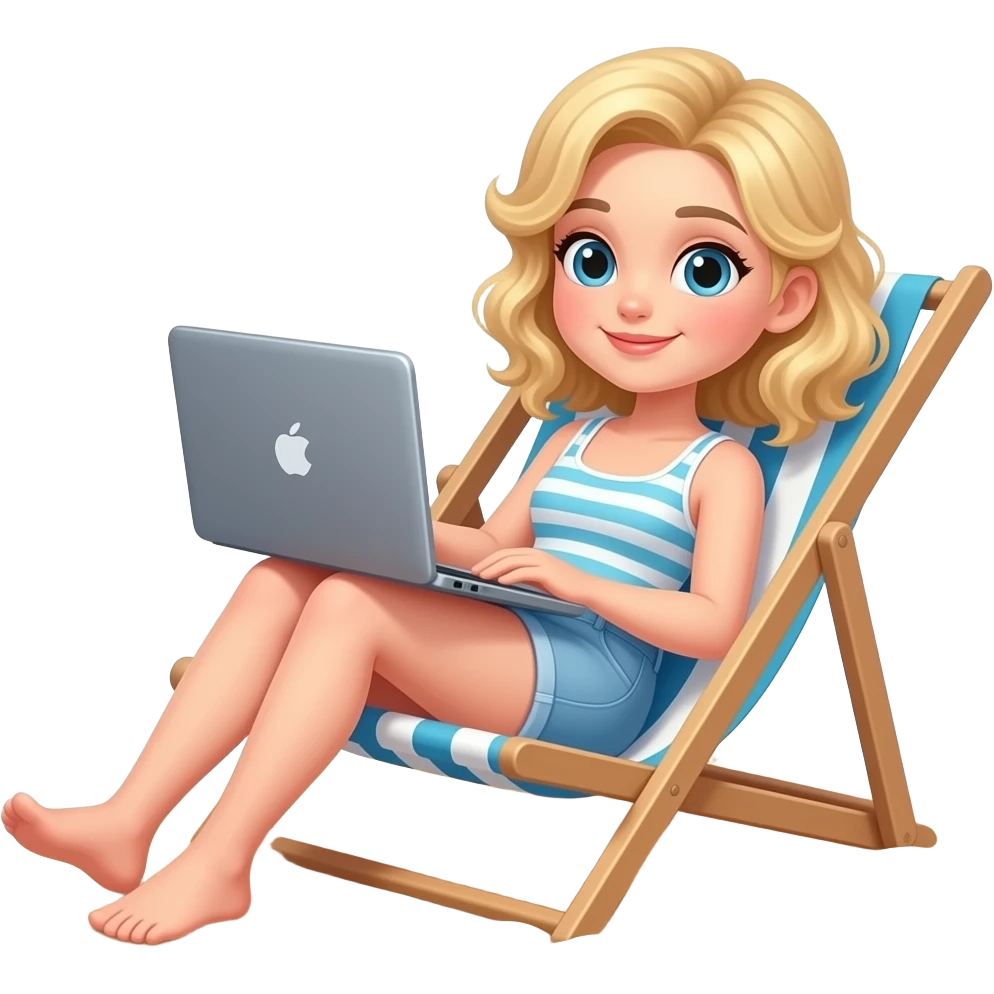 Девушка блондинка с легкими кудрями на лежаке на пляже с ноутбуком emoji