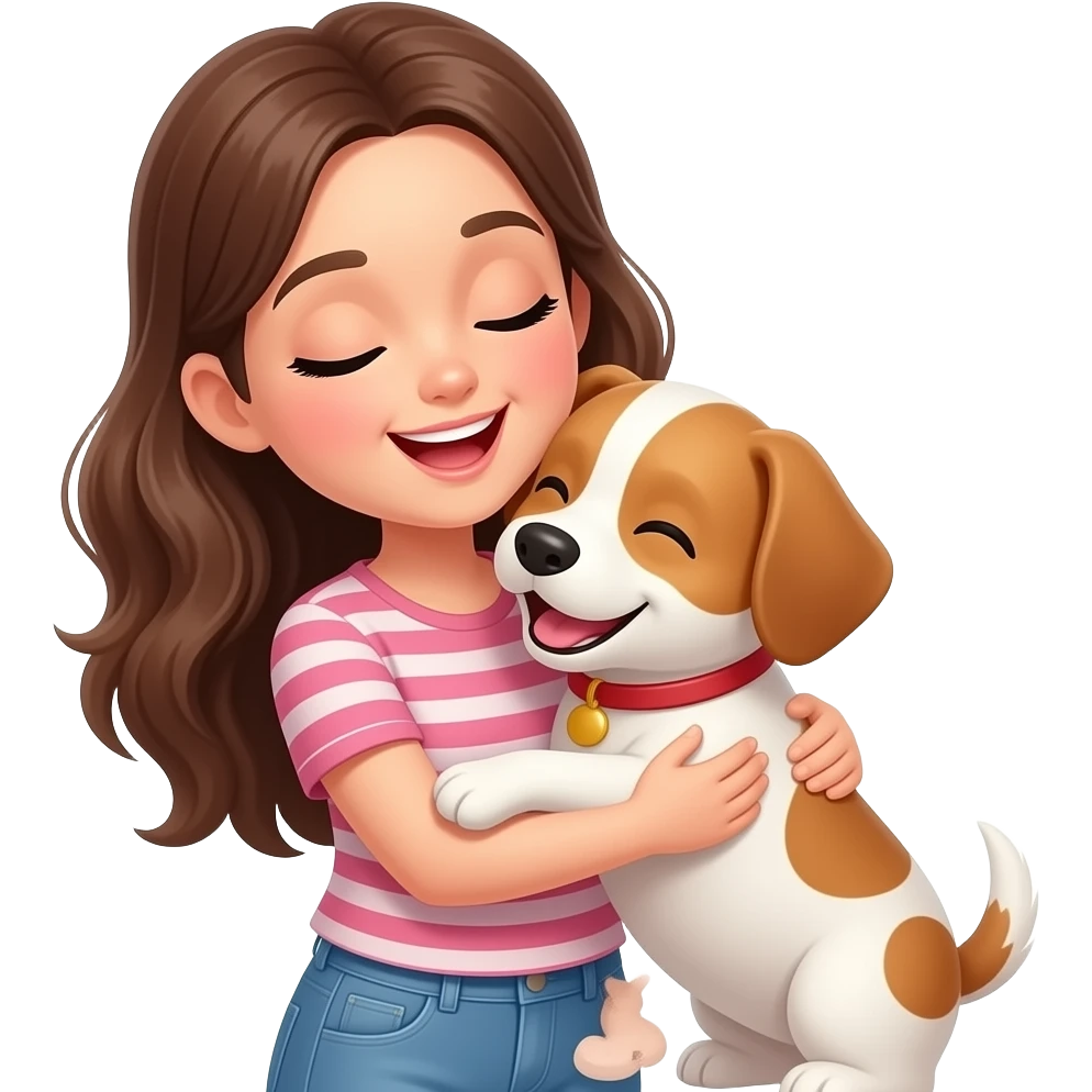 “Una mujer joven abrazando a un perro pequeño y hablándole de forma tierna como si fuera un bebé. Ella tiene una expresión exageradamente cariñosa y el perro la mira feliz y se miran felices. Ambiente cálido, divertido y tierno.” emoji