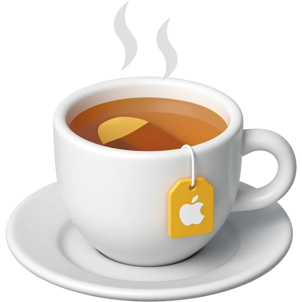 3D emoji style hot tea in a white ceramic cup, 
light amber-colored tea with a tea bag tag hanging over the rim, 
subtle steam rising, small saucer underneath, 
Apple emoji aesthetic, soft highlights, 
transparent background, bold simple shapes emoji