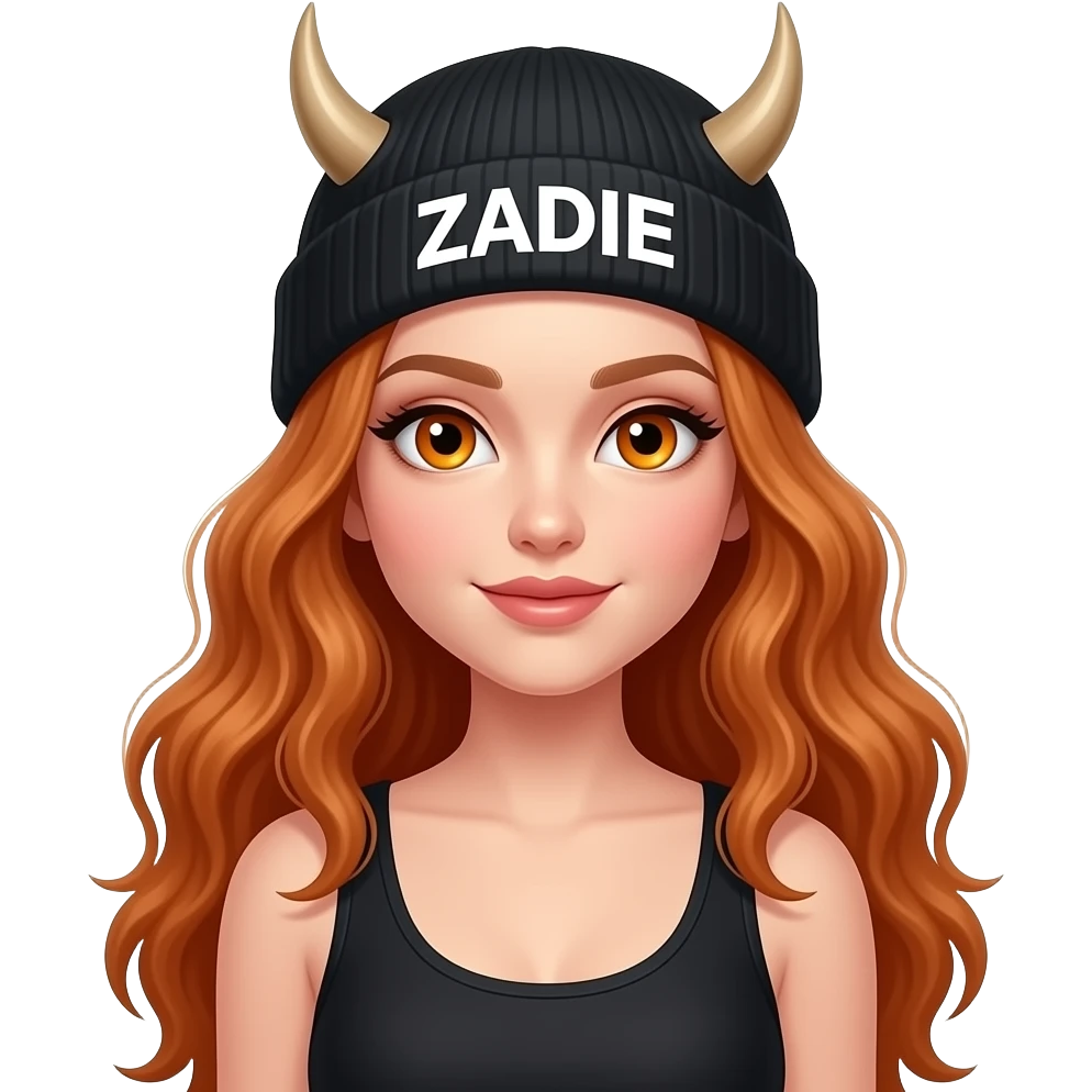 sexy girl with overlong wavy ginger hair and ginger eyes wearing a black tanktop and a black beanie with ZADIE written on it,  with horn on her head emoji