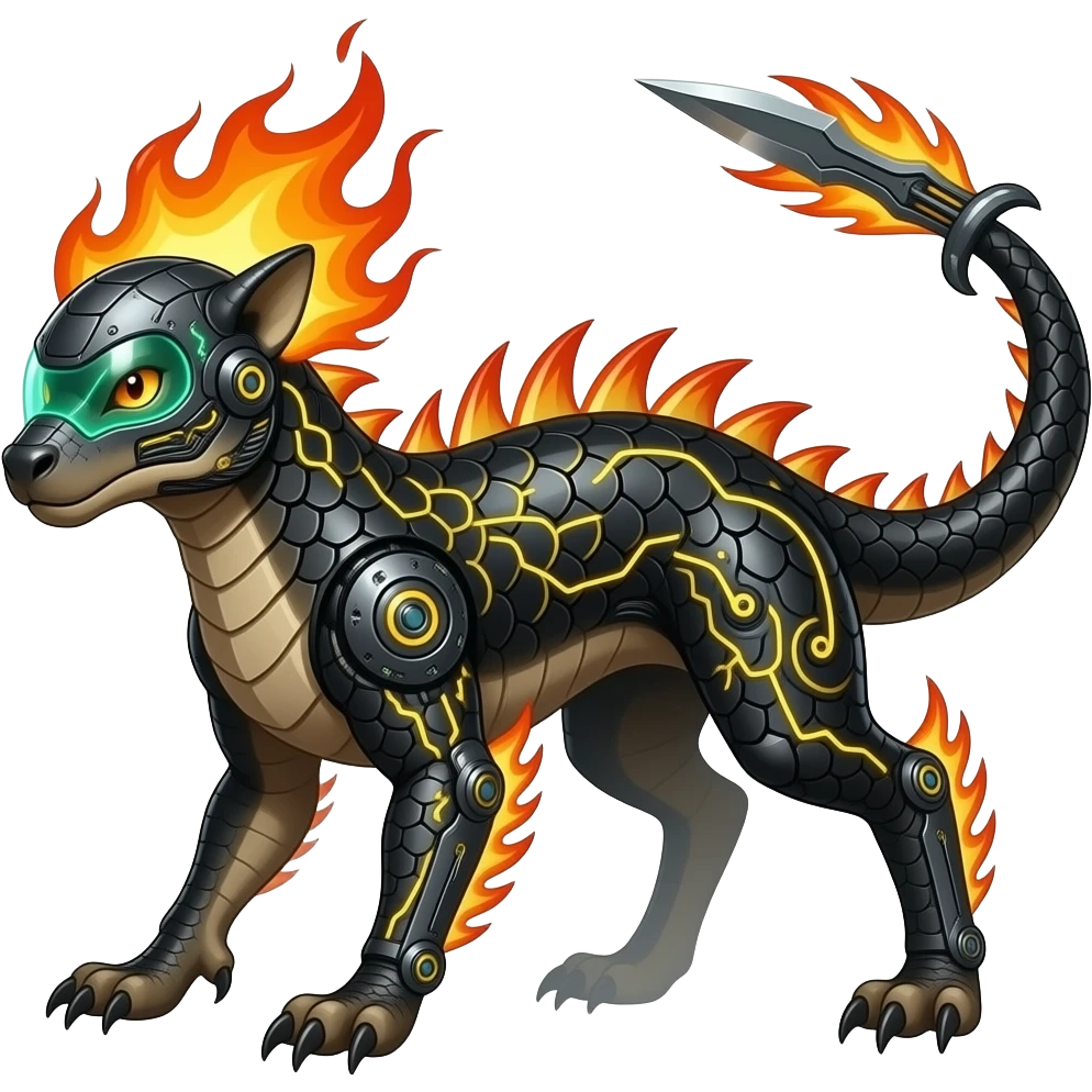 Cool edgy fiery bipedal scaly cybernetic electrical visor-helmeted, Circuitry-patterned black-scaled digitigrade futuristic fantasy-Cyberpunk-Steampunk-Solarpunk-Genesect-Cyclizar-Salazzle-Protogen-Fakémon-animal-hybrid, with neon feathery, and a tail blade, back spikes emoji