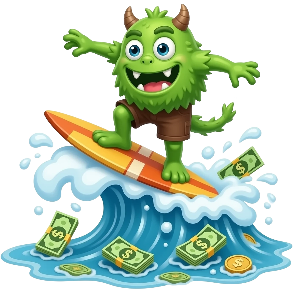 cartoon monster surfing up a wave of money emoji