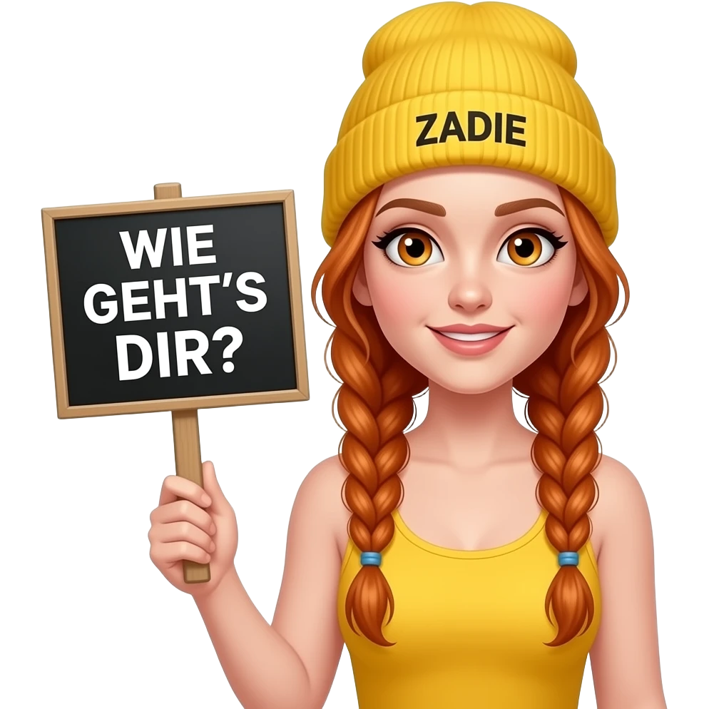 sexy girl with overlong ginger braids and ginger eyes wearing a yellow tanktop and a yellow beanie with ZADIE written on it, is holding a black sign with WIE GEHT'S DIR? written on it emoji