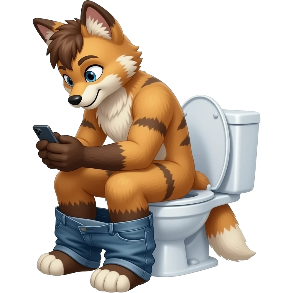 fursuit sitting on toilet, side view, pants down, looking down at phone emoji