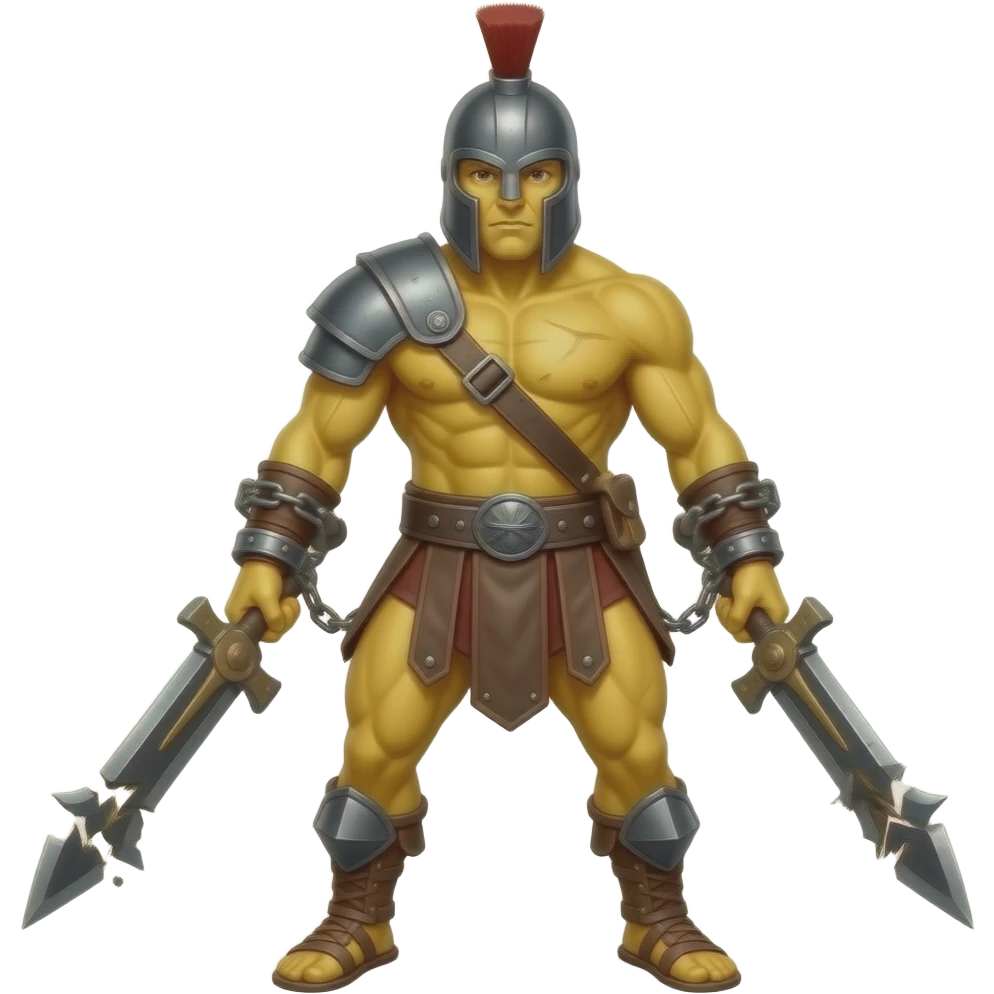 spartacus, minimal, full body, yellow skin, tipical emoji caracter style, more emojis style, more minimal, with weapons, more simplistic, emoji style, shackles on wrist with broken chains emoji