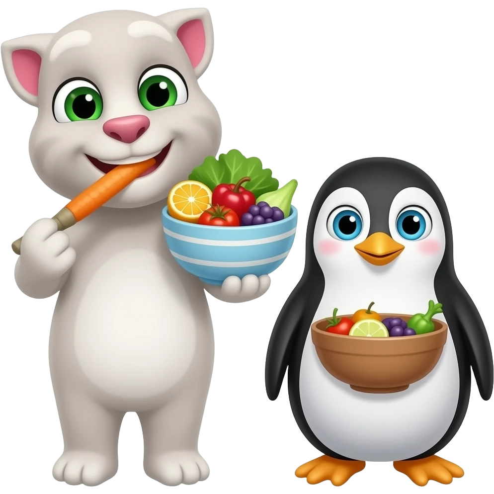 Talking Tom and polar bear and penguin 🥣🍍🫑🍓🍌🫒🥒🍎 Eat your vegetables okay polar bear emoji