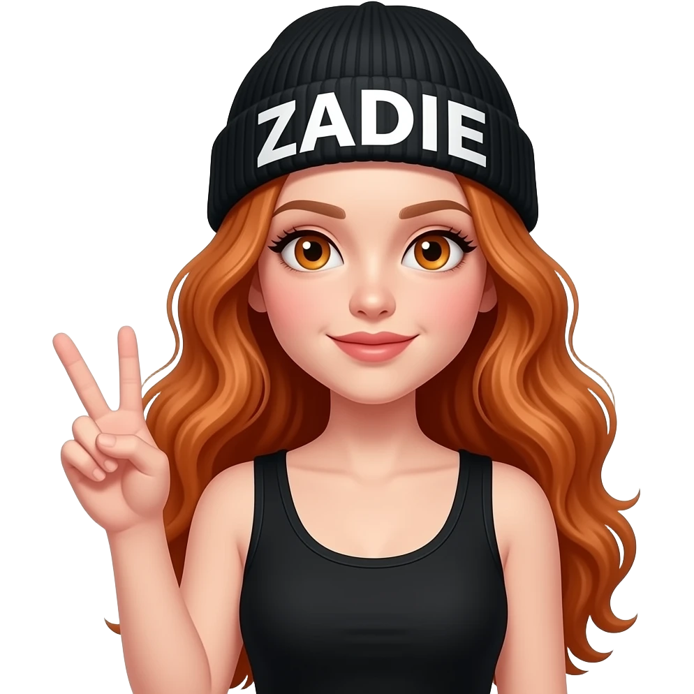 sexy girl with overlong wavy ginger hair and ginger eyes wearing a black tanktop and a black beanie with ZADIE written on it,  is making a piece sign emoji