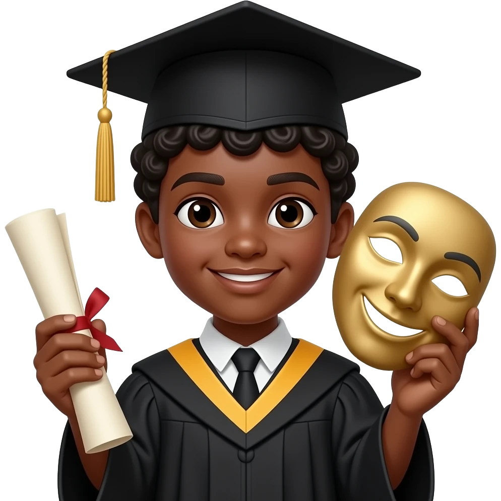 create me an emoji-style png of a black guy student with short black curly hair wearing a classic black graduation cap major, in a style of "theater" major. In one hand hes holding a rolled up graduation paper, and in the other hand holding a item that represents the theater major emoji
