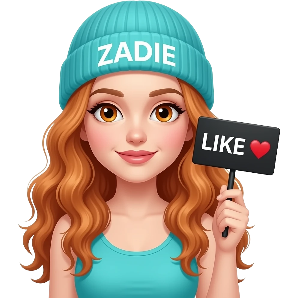 sexy girl with overlong wavy ginger hair and ginger eyes wearing a turquoise tanktop and a turquoise beanie with ZADIE written on it, is holding a black sign with LIKE ❤️  written on it emoji