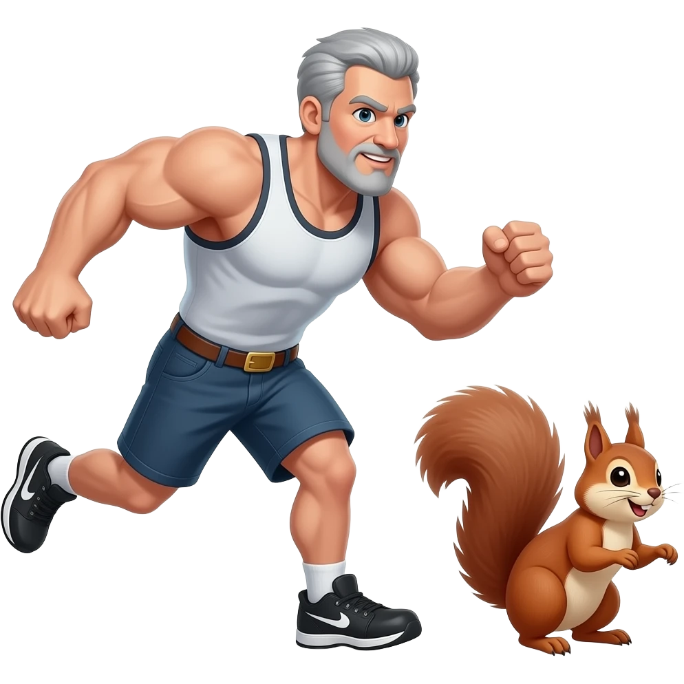 Grey haired strong man chasing squirrel emoji