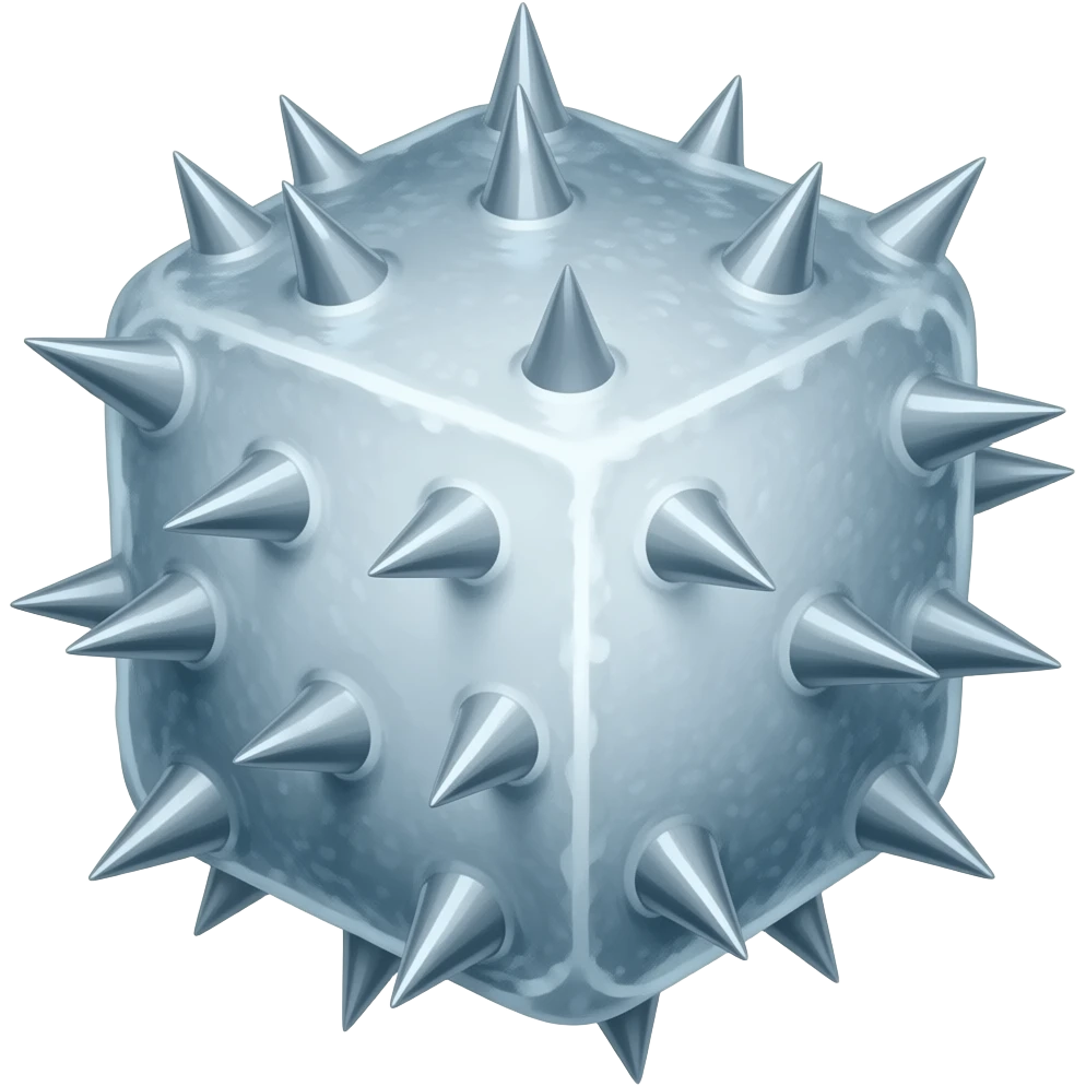 A frosted ice cube with sharp, needle-shaped spikes on all sides, resembling a crystal. The spikes are randomly directed outward, creating an aggressive texture. emoji