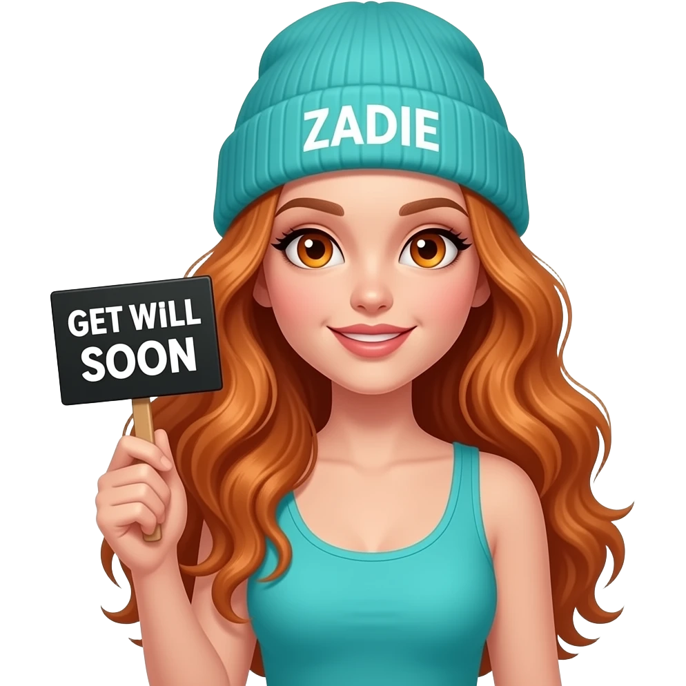 sexy girl with overlong wavy ginger hair and ginger eyes wearing a turquoise tanktop and a turquoise beanie with ZADIE written on it, is holding a black sign with GET WELL SOON written on it emoji