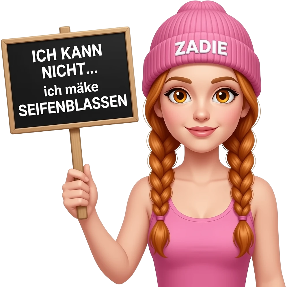 sexy girl with overlong ginger braids and ginger eyes wearing a pink tanktop and a pink beanie with ZADIE written on it, is holding a black sign with ICH KANN NICHT... ich mache SEIFENBLASEN written on it emoji